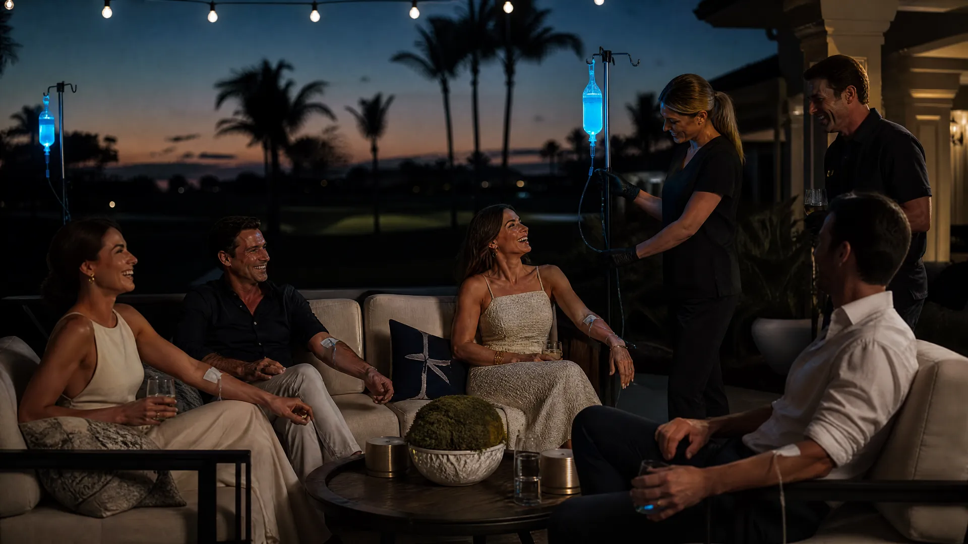 A SurgIV nurse treating a group of friends on a clubhouse terrace at dusk