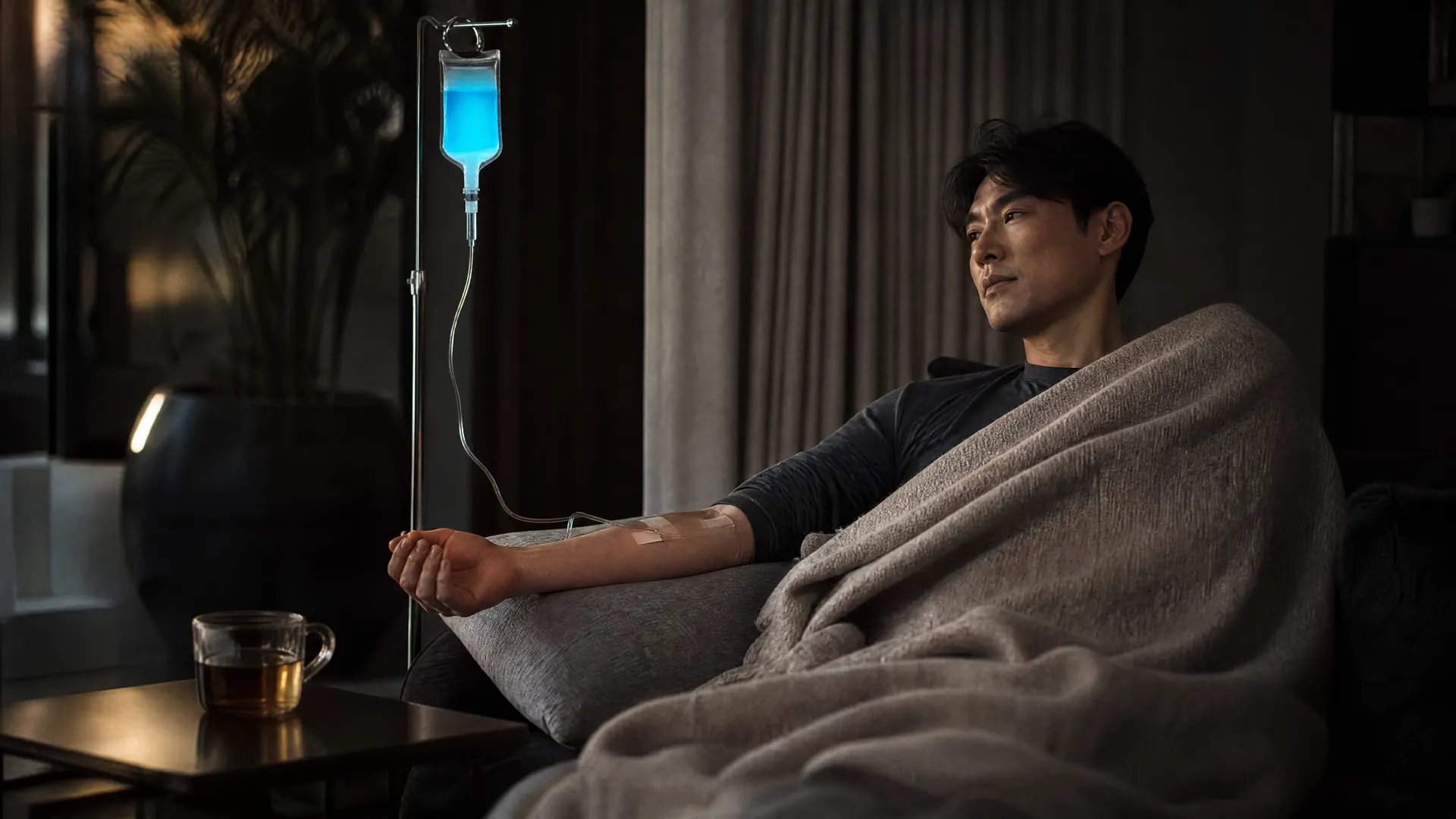 A man wrapped in a blanket on the couch recovering with an IV